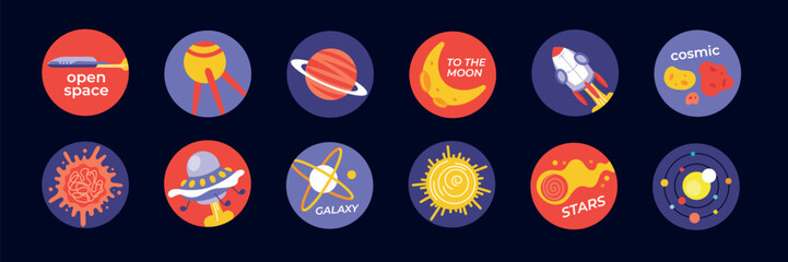 Space round icons. Cartoon colorful galaxy solar system badges. Flat colorful cartoon cosmic universe exploration round emblem collection.  © Oksana Kabanchuk