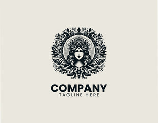 Obraz premium Elegant woman floral portrait emblem black vector logo illustration style