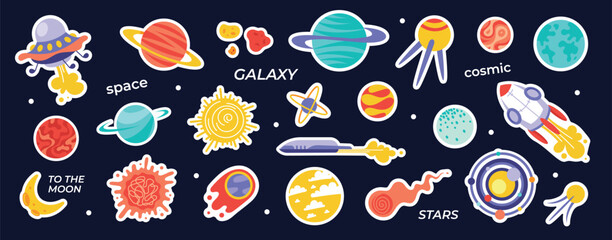 Space solar system stickers. Cartoon galaxy vector elements isolated on dark background. Cute colorful flat style cosmic exploration sticker collection.  © Oksana Kabanchuk