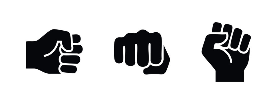 Closed fist gesture vector icon set. Punching, protesting, or strength symbols.