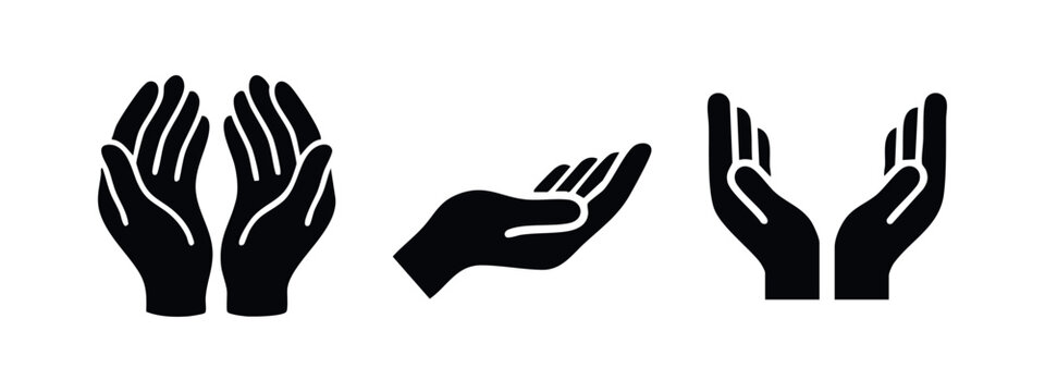 Praying hands and cupped hands vector icon set for prayer, giving, or receiving.