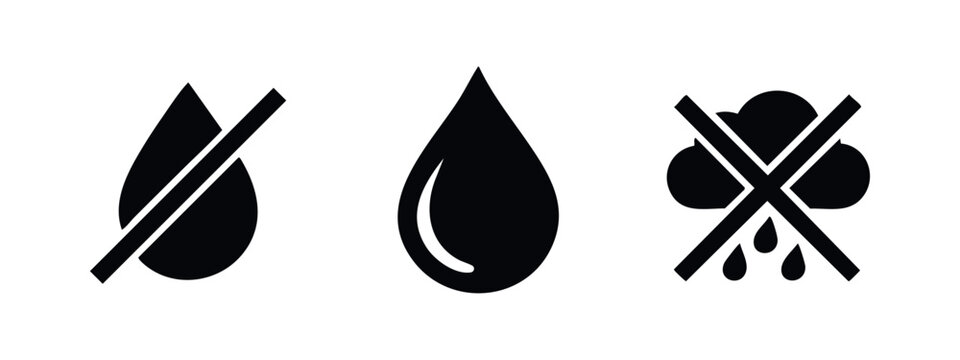 Water drop and no rain forecast vector icon set. Liquid, moisture, or dry symbols.