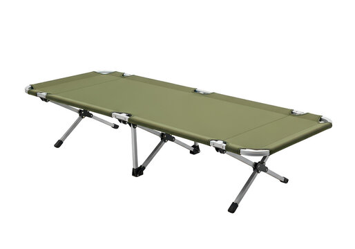 Green military style folding cot with metal legs, isolated