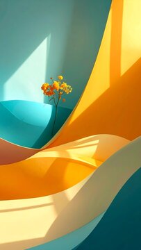 Vibrant abstract shapes and colorful fish.