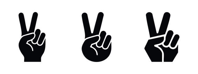 Fototapeta premium Peace sign icons set. Hand gestures showing two fingers up for victory or peace.