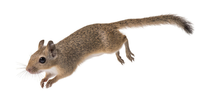Small squirrel mid-air jump, bushy tail extended