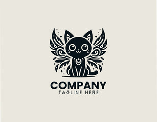 Fototapeta premium Cute butterfly wing kitten mascot in black vector logo illustration style