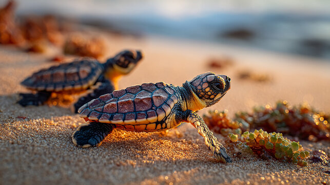 Tiny newborn sea turtle hatchlings moving toward ocean on sandy beach