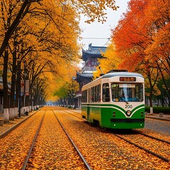Obraz premium Autumn city street with vintage trolley bus.