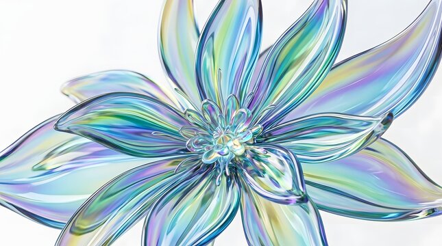 Iridescent abstract flower digital art with vibrant rainbow petals and geometric center