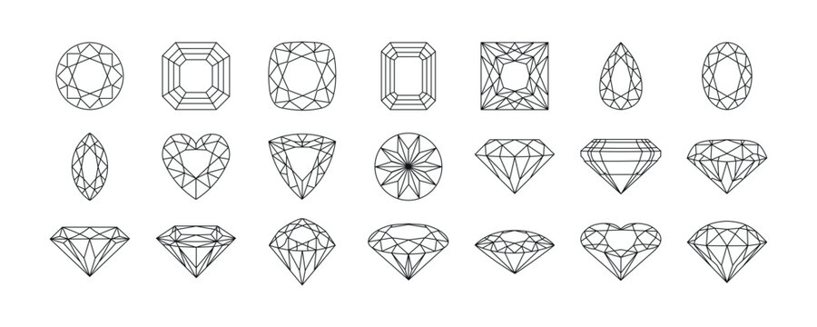 Diamond linear icons collection. Set of diamond, gem, crystal line icons. Diamond gem jewelry icons. Gemstone diamond collection