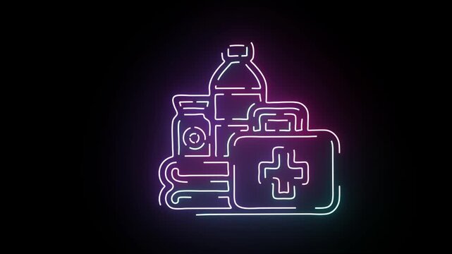 Vibrant glowing neon icon of emergency disaster survival kit with water bottle first aid kit canned food and blanket flickering with bright cyan and purple light on a dark black background