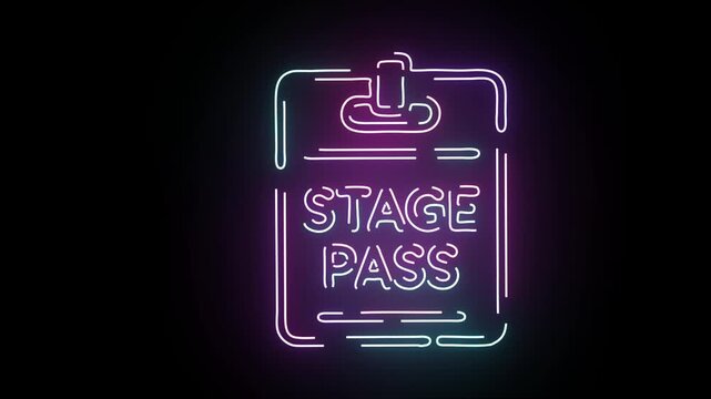 Neon Stage Pass Badge Glowing Brightly in Vibrant Pink and Blue Colors Against a Deep Dark Black Background for Concert Event Access Concept and Live Music Venue Security Identification Visual Graphic