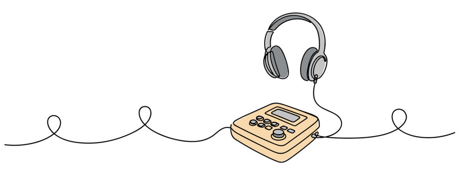 Headphones connected to portable player on continuous line. no editable strokes