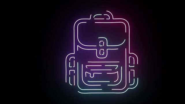 Glowing neon backpack line icon animation on black background with shifting vibrant colors of purple cyan and magenta representing travel adventure school back to school or outdoor luggage gear