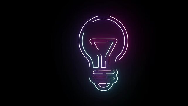 Glowing neon light bulb animation representing a creative business idea or technological innovation with shimmering pink and blue light trails on a completely dark black background for copy space