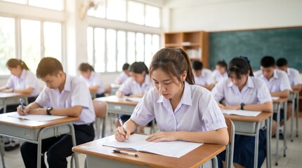 Fototapeta premium Group of young students in uniform writing in notebooks during academic examination in school classroom with blurred background highlighting learning and test taking environment