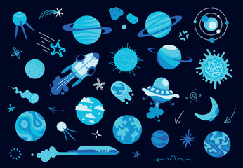Blue neon space solar system elements. Cartoon one color galaxy vector objects isolated on dark background. Neon blue flat style universe exploration collection. © Oksana Kabanchuk