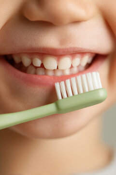 Extreme close-up of a child's mouth showing healthy primary teeth while an olive-green toothbrush gently brushes the teeth in natural soft light