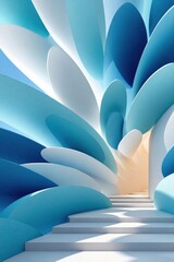 Fototapeta premium Abstract blue spiral staircase with layered organic petals and soft architectural light