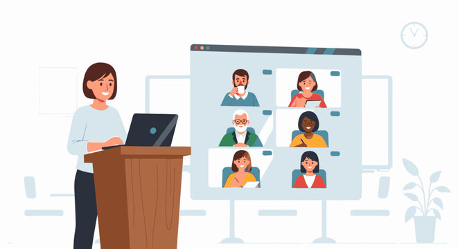 A female teacher presenting a remote online video conference to students.