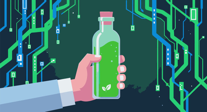 A hand holding a glass bottle filled with green liquid.