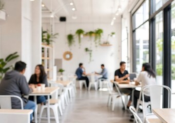 Fototapeta premium Blurred view of people sitting at tables in modern bright cafe with hanging plants and natural light representing casual meetings and social interaction in coffee shop environment