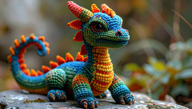 Crocheted dragon sculpture nature