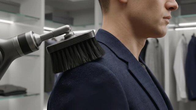 Robotic arm brushing a man's dark blue suit jacket inside a modern walk-in closet with clothes on hangers