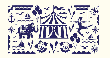 Vintage circus carnival and nautical themed illustrations set in classic navy blue style. © TREND AND VECTORS