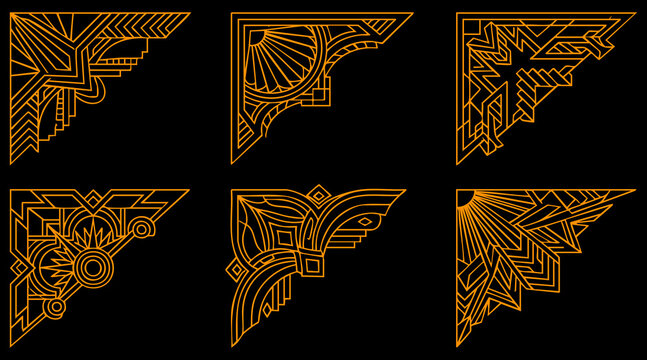 Elegant golden art deco corner frame set featuring intricate geometric patterns as a sophisticated vector graphic illustration for elegant design