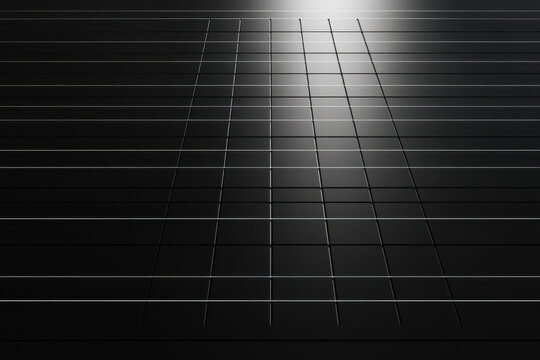 Monochrome background with thin horizontal line and perspective grid, abstract dark texture with soft light glow