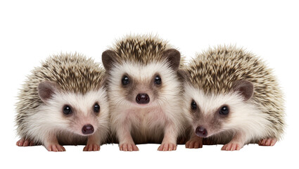 Three cute baby hedgehogs with spiky fur and dark eyes © Aino