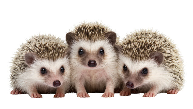 Three cute baby hedgehogs with spiky fur and dark eyes