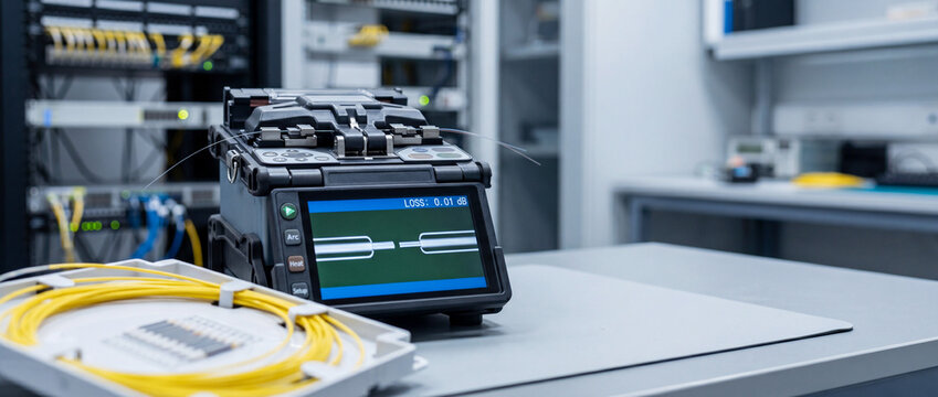 Fiber optic fusion splicer on a lab bench with fiber cables and rack-mounted network equipment. Telecom installation, cable testing, connectivity and data center maintenance.