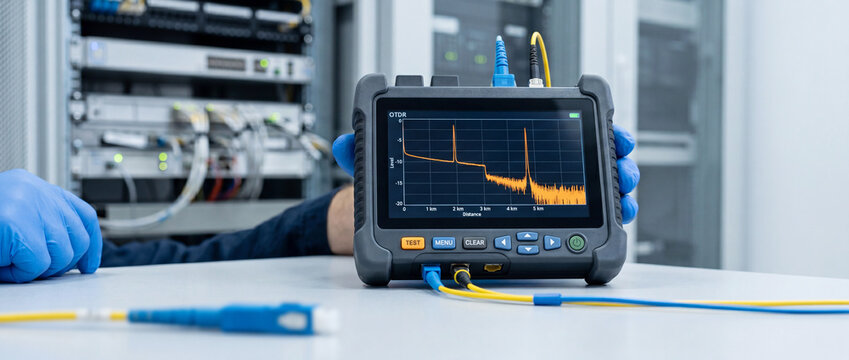 Technician uses an OTDR to test fiber optic cables and diagnose signal loss and faults in a server room data center. Telecommunications and cable measurement workflows.