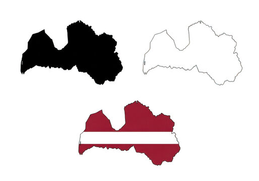 Map of latvia in black silhouette, outline, and with national flag pattern isolated on transparent background