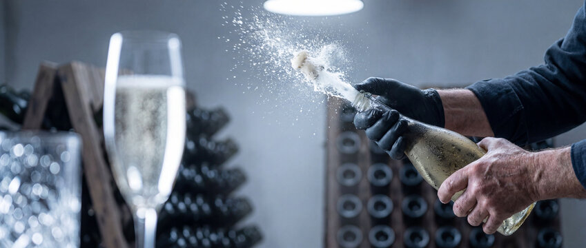 Sommelier popping champagne bottle in wine cellar with cork flying and sparkling glass