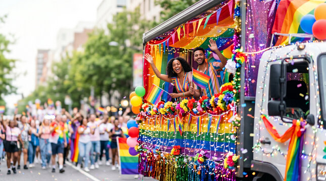 Colorful Pride parade with people celebrating on festive float  