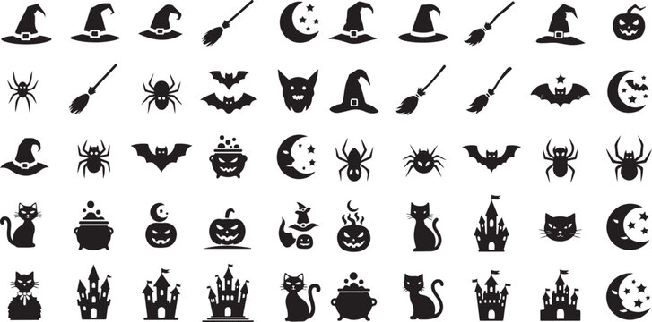 Halloween icon set collection featuring spooky elements and magical creatures halloween silhouette broomstick cauldron mysterious collection celebration decoration mystical illustration