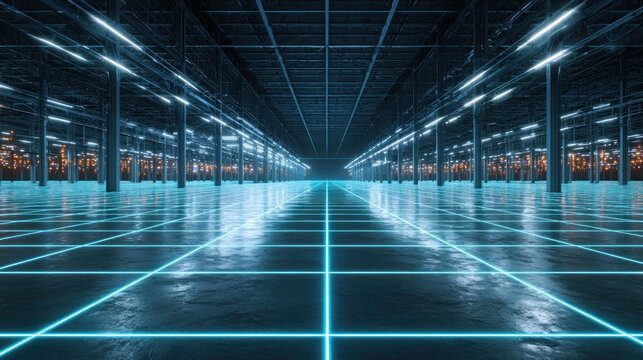 Futuristic data center with glowing blue grid floor and server racks