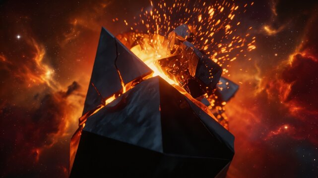 Exploding molten rock eruption with fiery sparks and shattered black surface