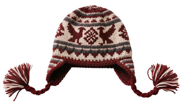 Knitted winter hat with ear flaps and tassels, featuring eagle pattern