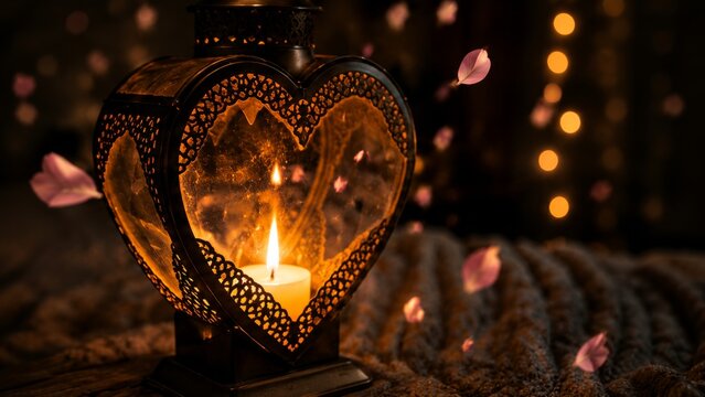 Heart-shaped lantern with candle amidst falling petals in cozy atmosphere