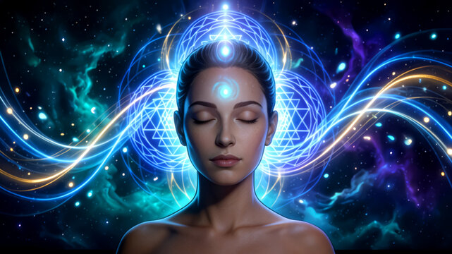 Serene caucasian female in cosmic meditation with geometric patterns
