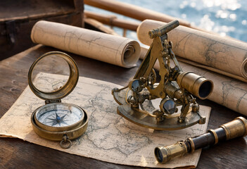 Antique brass sextant, vintage magnetic compass, and rolled nautical maps placed on a dark wooden surface with a blurred ocean background © David