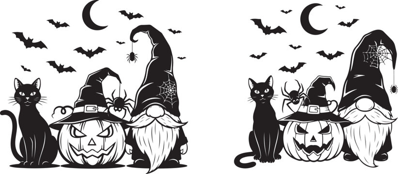 Spooky halloween scene with gnome pumpkin and cat halloween celebration monochrome decoration mysterious traditional silhouette illustration elements graphics