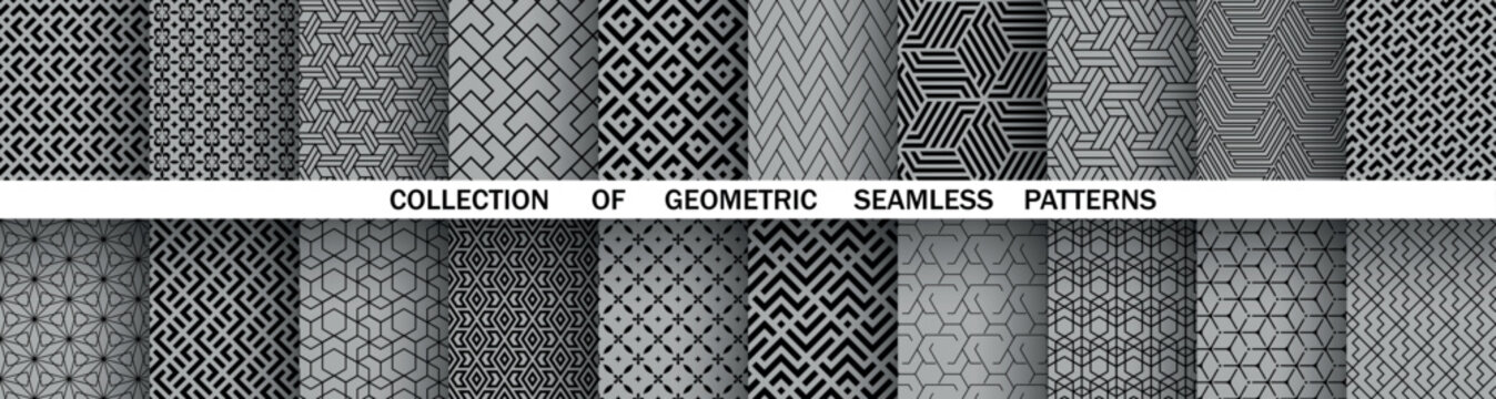 Geometric set of seamless black and gray patterns. Simple vector graphics