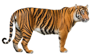 Obraz premium Tiger standing profile view with orange fur and black stripes