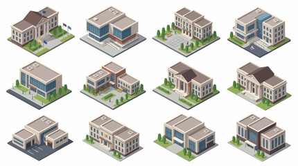 Set of isometric public buildings including schools and municipal offices for city planning. © Roda